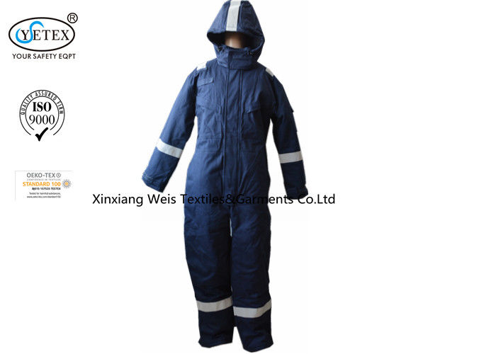 Anti Static Blue Insulated Fr Cotton Coveralls With Hood Winter 300gsm